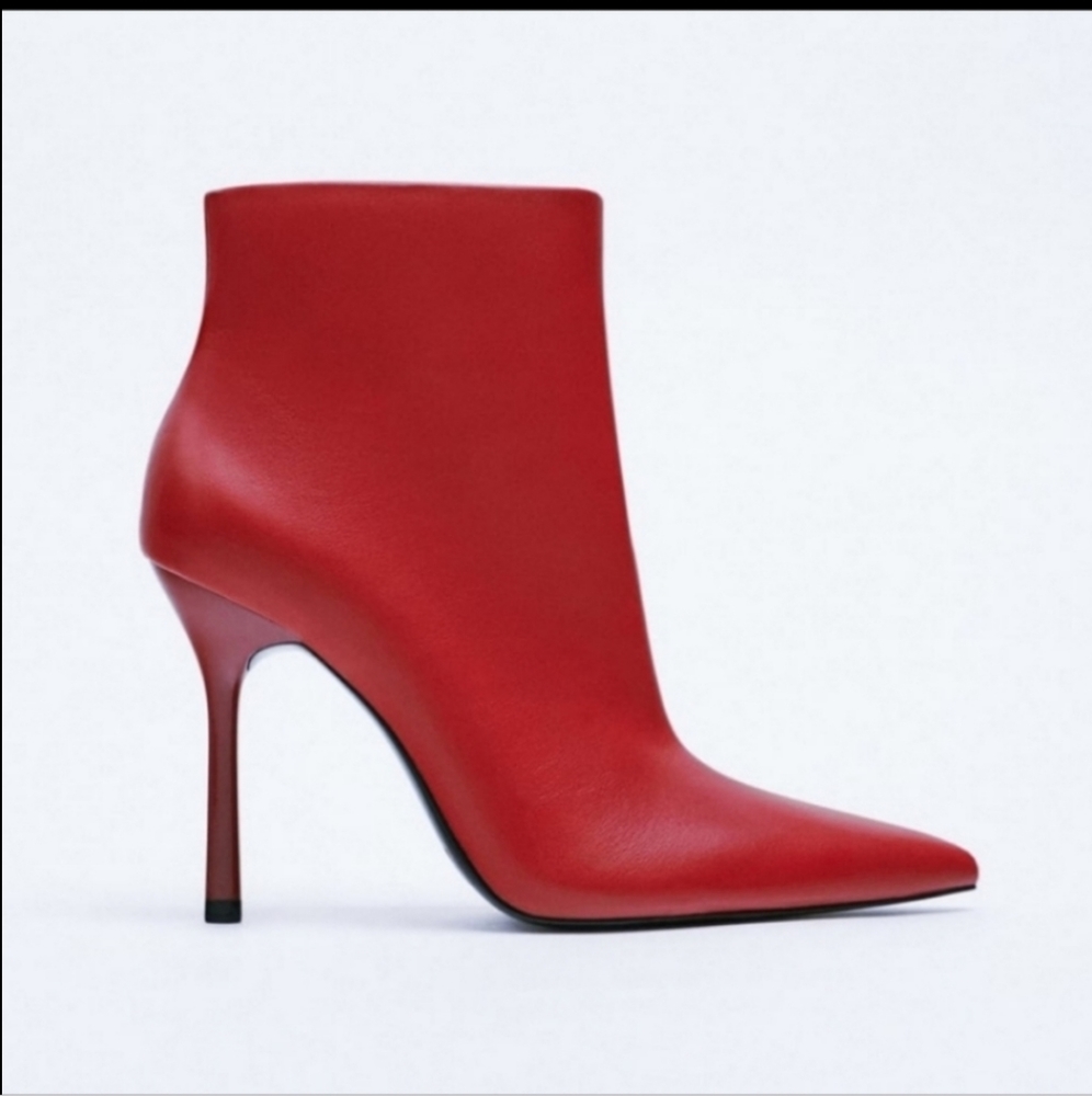 Zara Pointed Toe Heeled Ankle Red Boots Size 6 - Picture 3 of 13